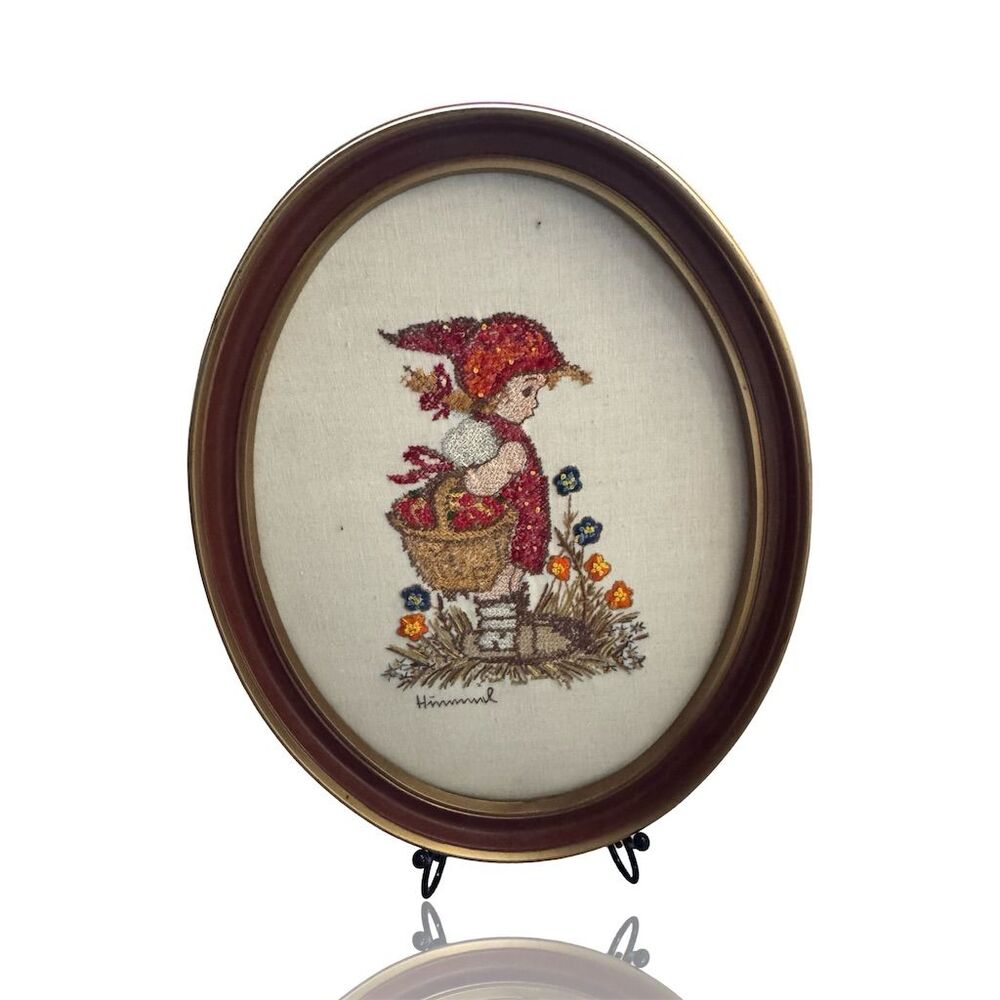 Vintage Hummel Peasant Girl Framed Cross Stitch Embroidery Art